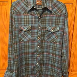 VINTAGE Wrangler Blue Plaid Long Sleeve Pearl Snap Shirt Size XL